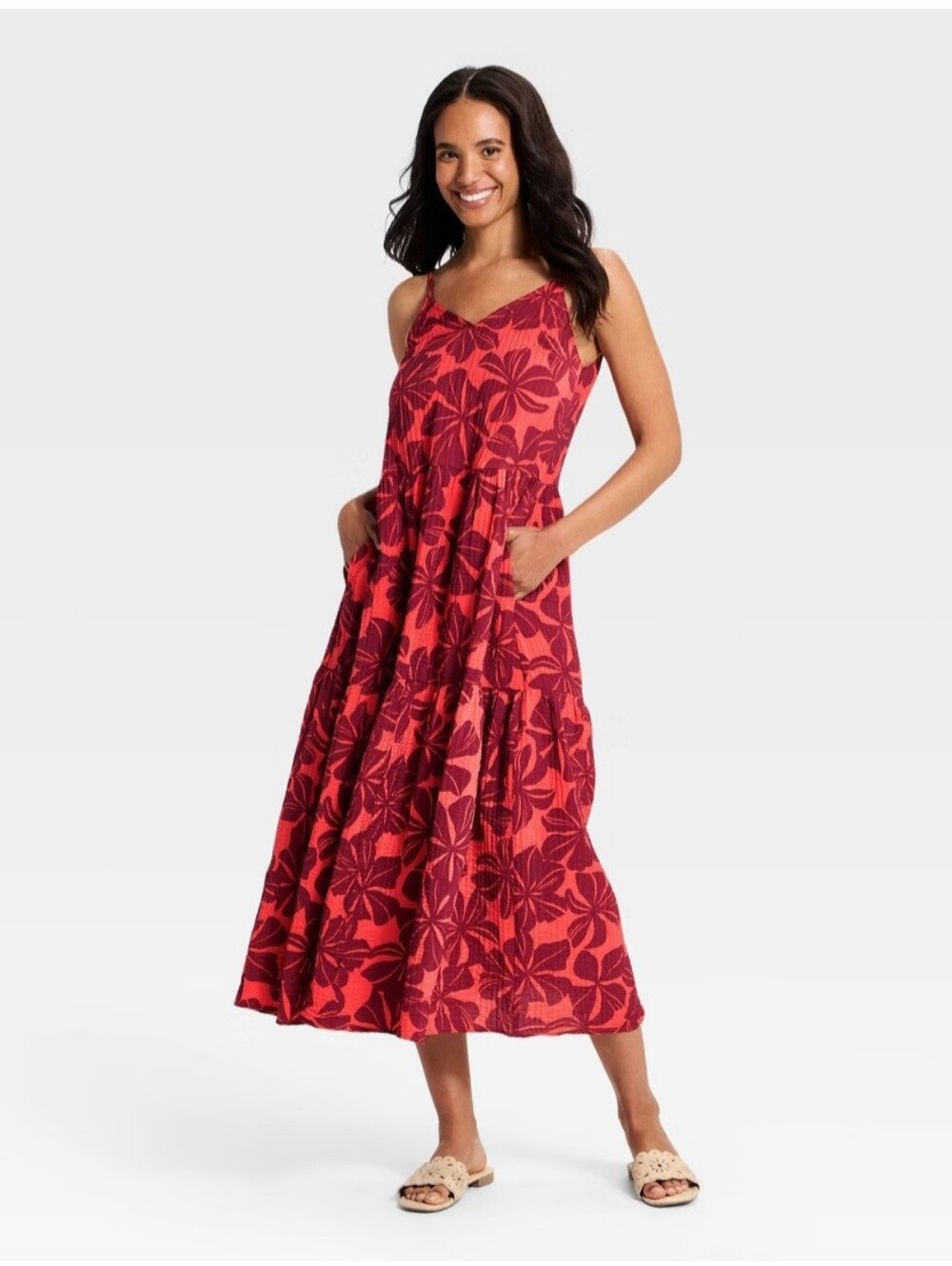 Women's Tiered Maxi Sundress - A New Day Burgundy Floral S